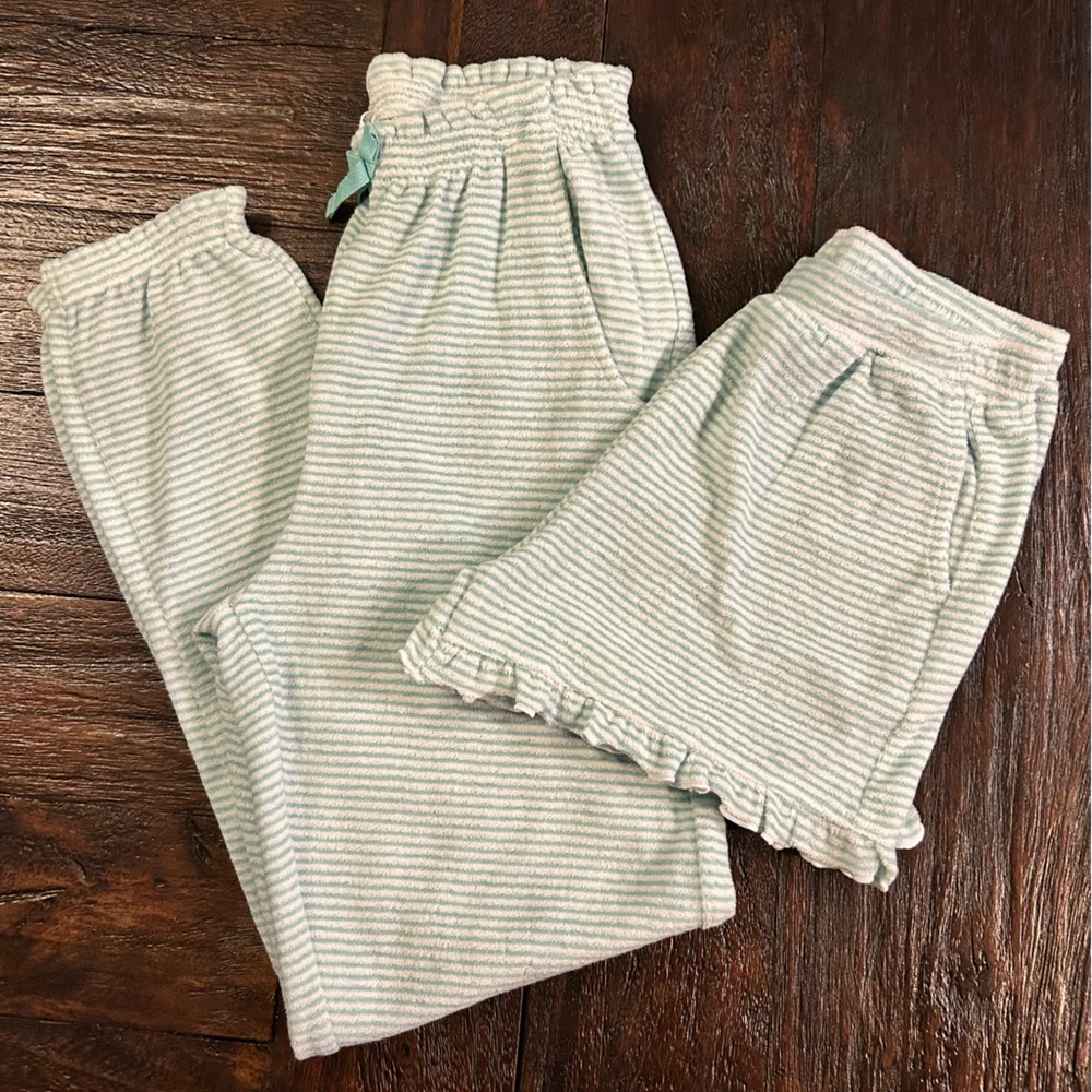 Ruffle Butts Terry Cloth Mint & White Striped Ruffle Shorts and Jogger Bundle